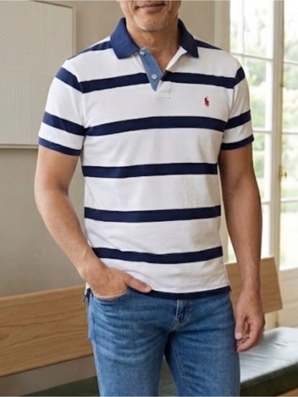 Ralph Lauren White Polo with Navy Stripes and Navy Collar